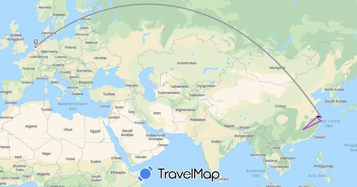 TravelMap itinerary: driving, plane, train in China, Netherlands (Asia, Europe)